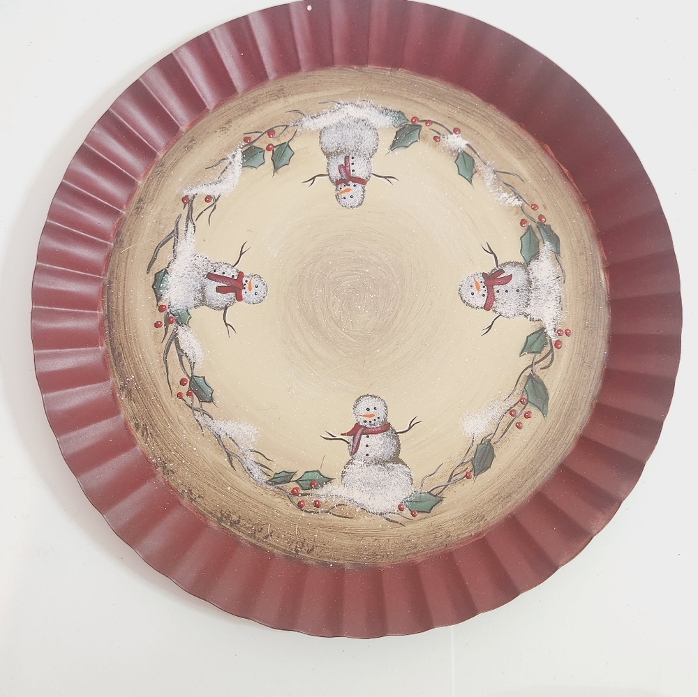 Vintage Metal Snowmen and Holly Plate Serving Dish Red